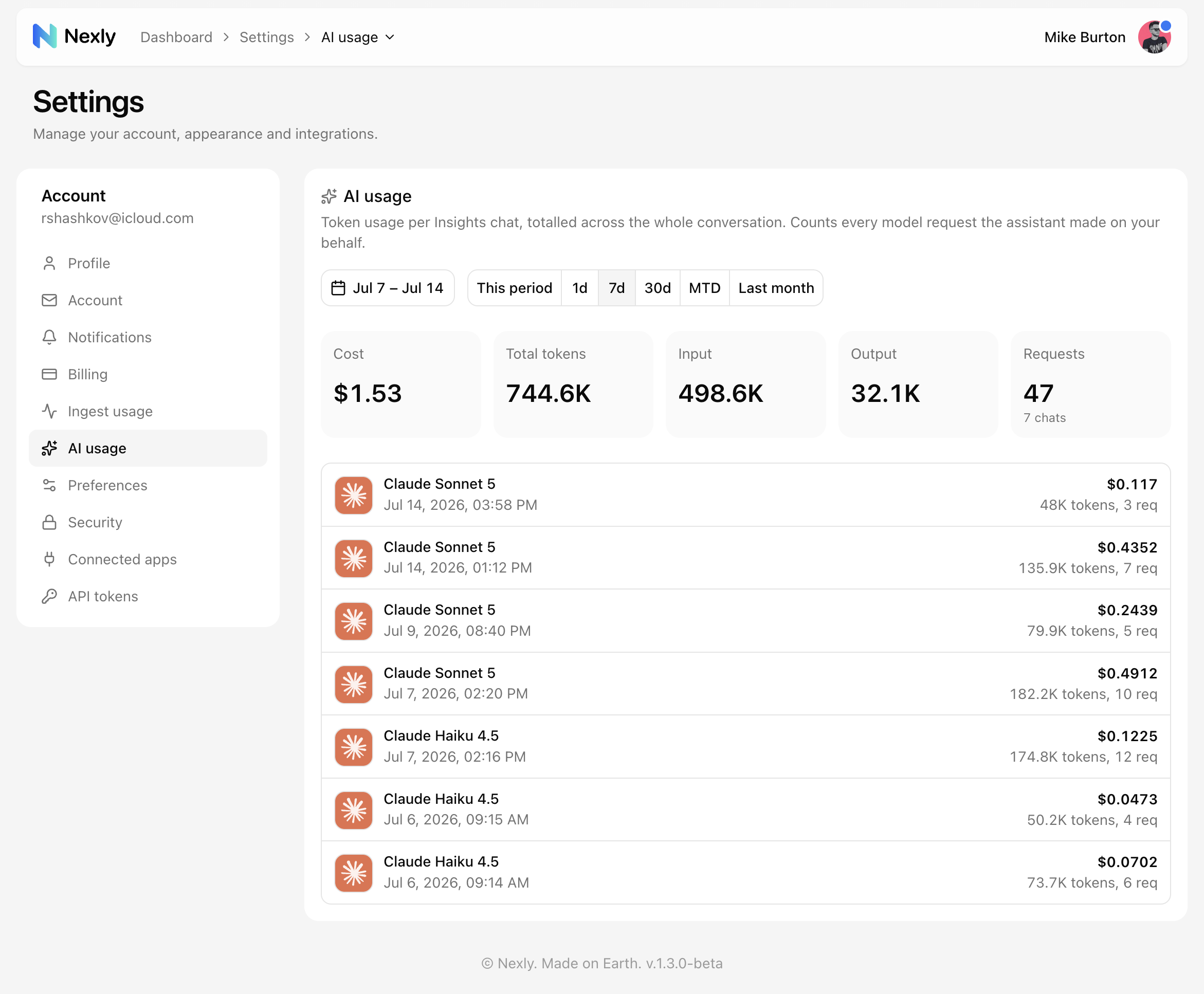 AI usage settings with cost, token, and request totals