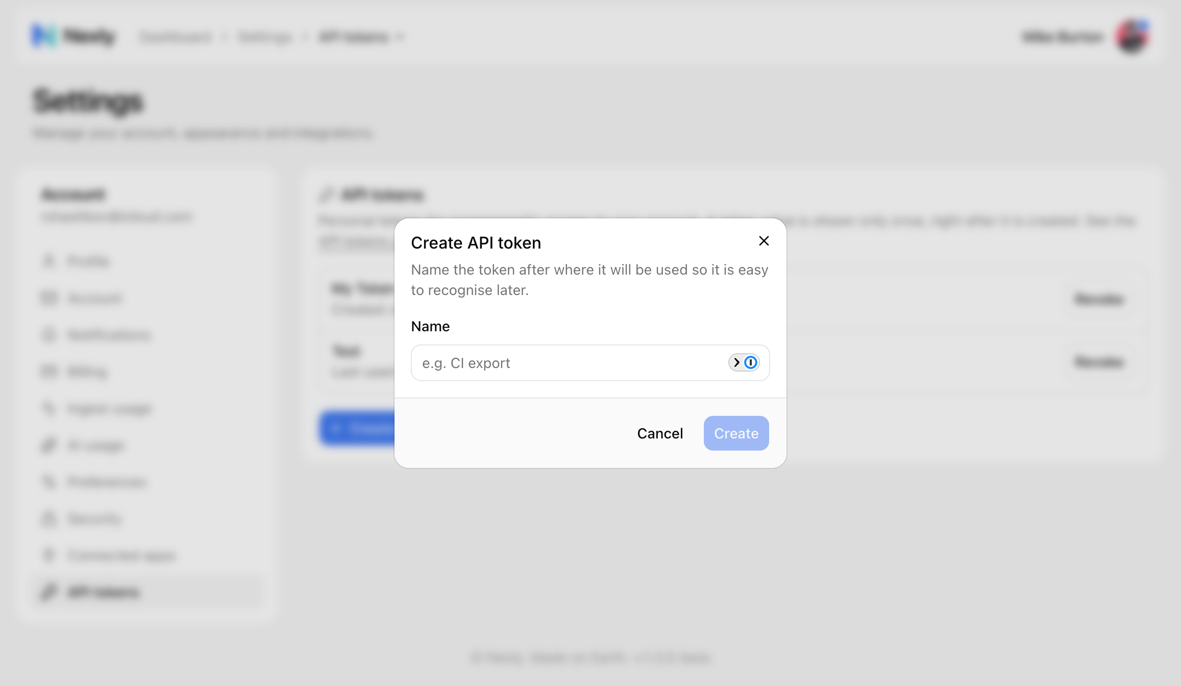 Create API token dialog