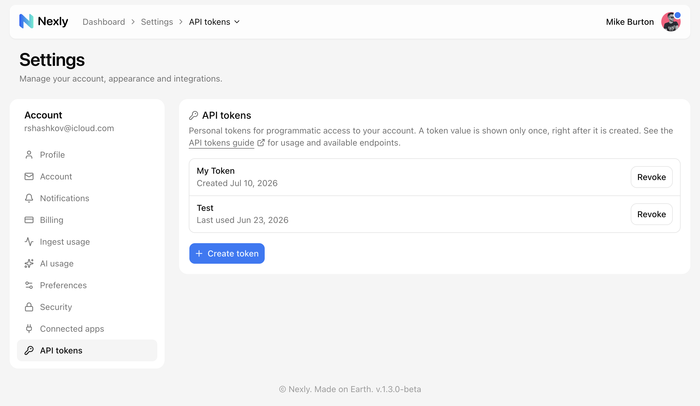 Personal API token settings