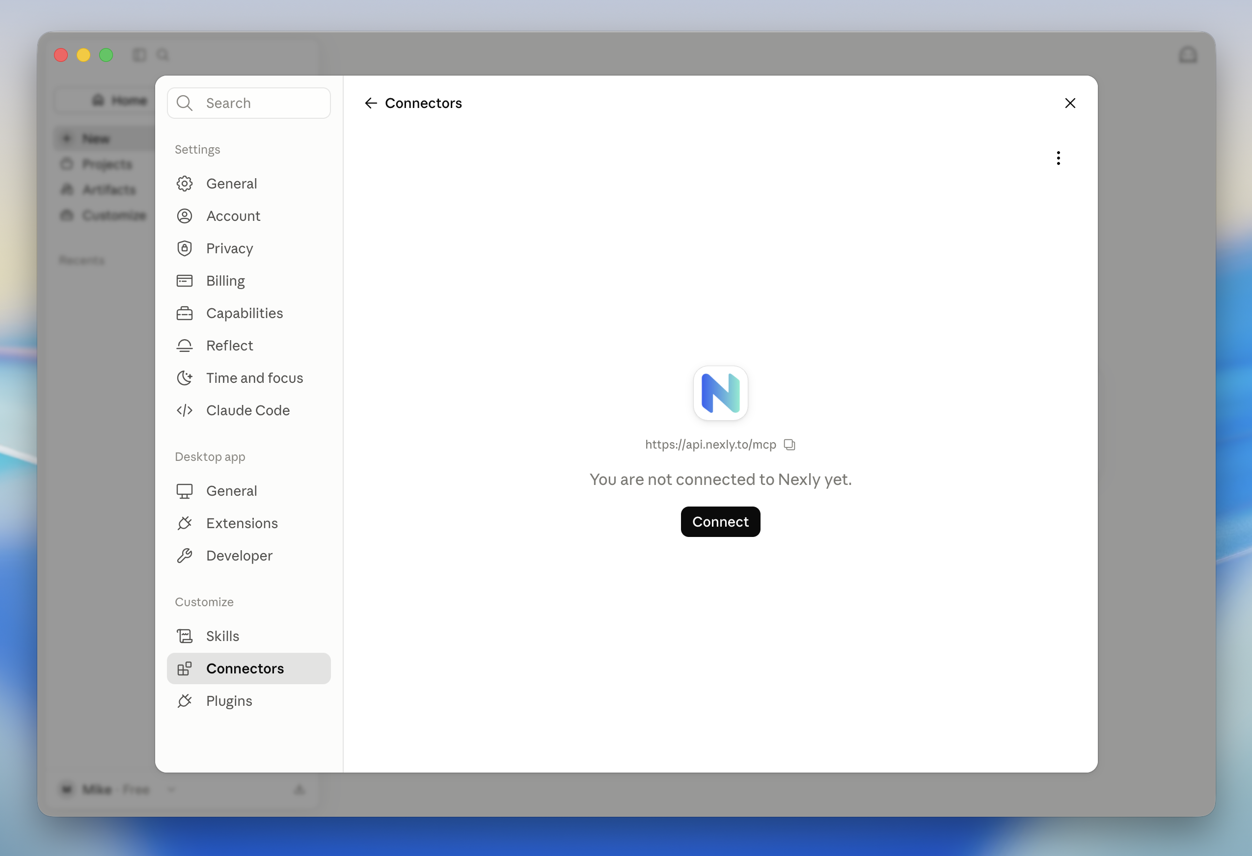 Nexly connector page in Claude with the Connect button