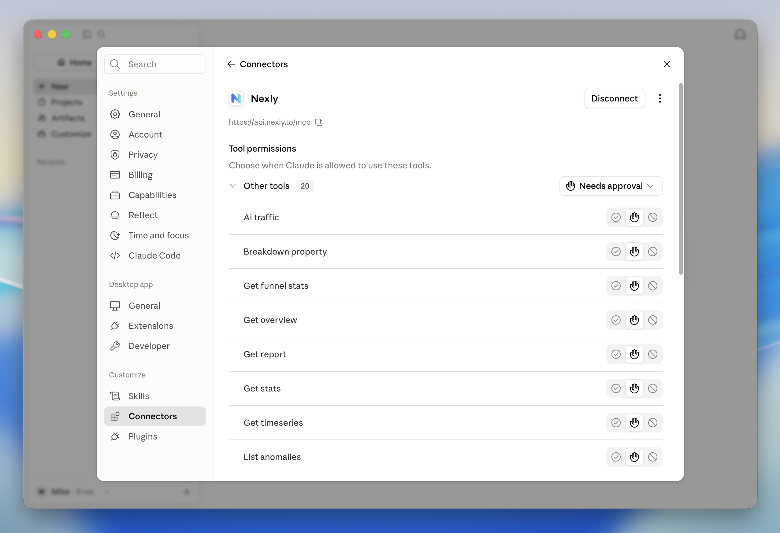 Connected Nexly connector in Claude with tool permissions