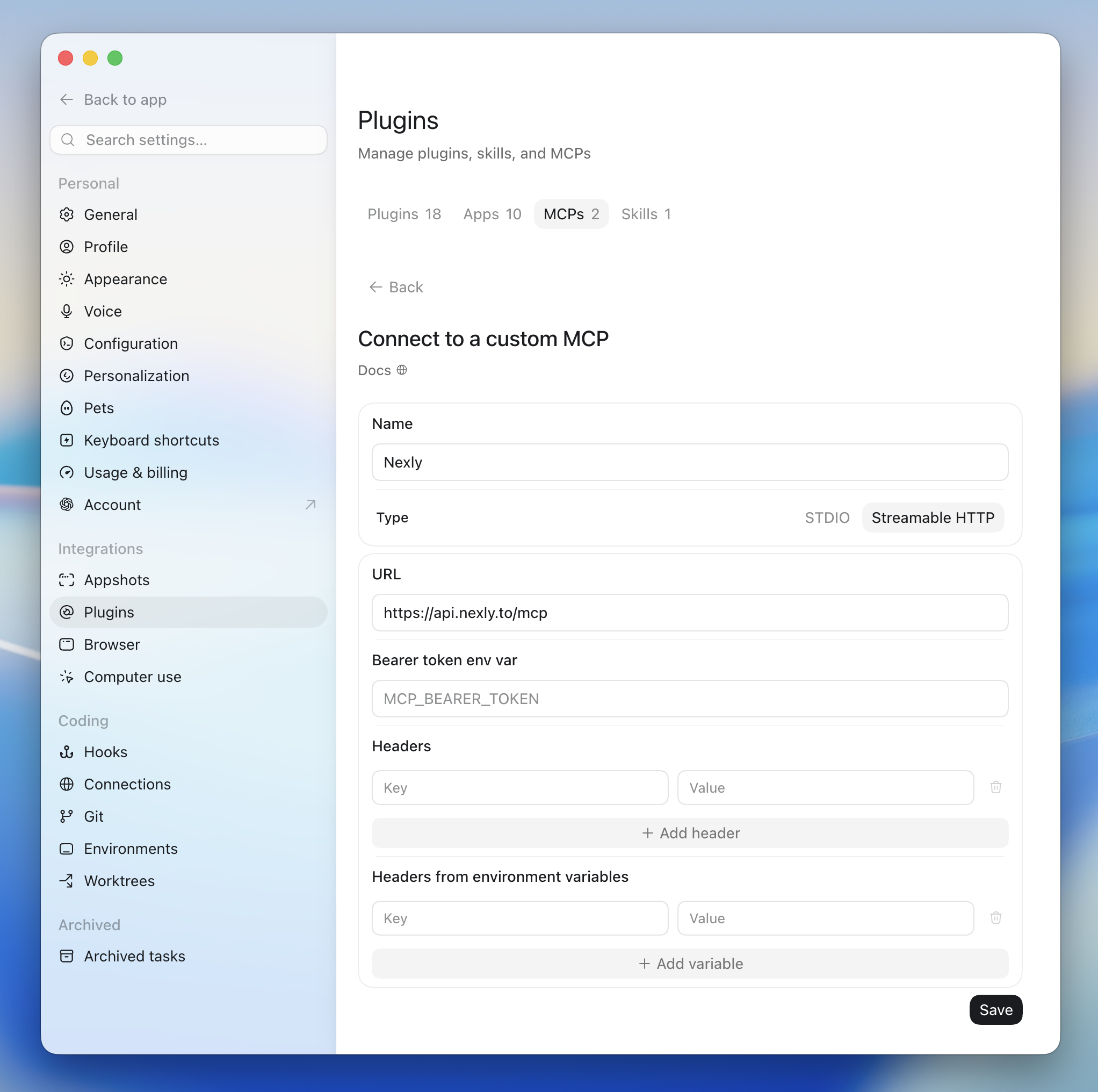 Connect to a custom MCP form with the Nexly server URL