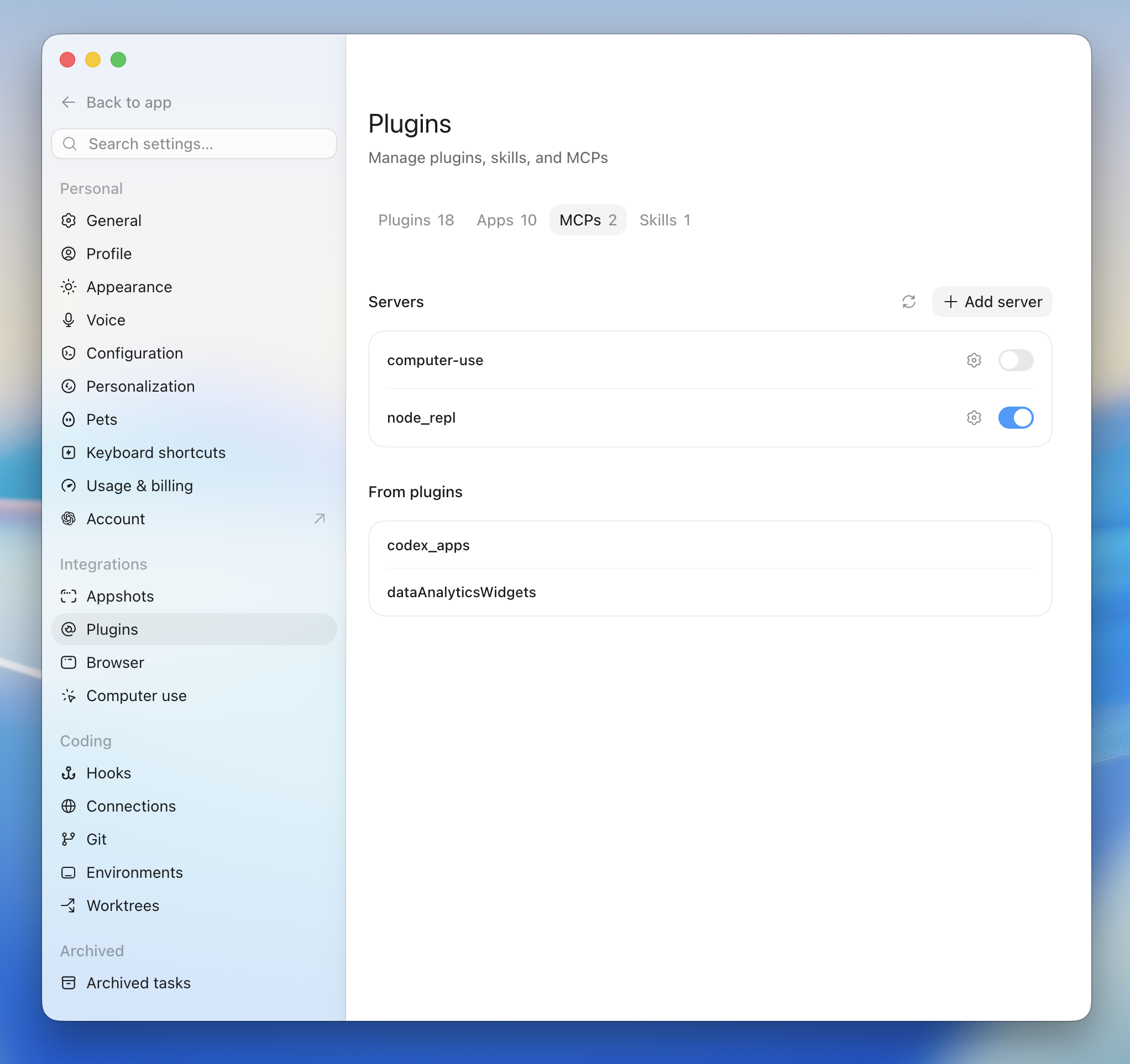 Codex MCP servers list in Settings → Plugins