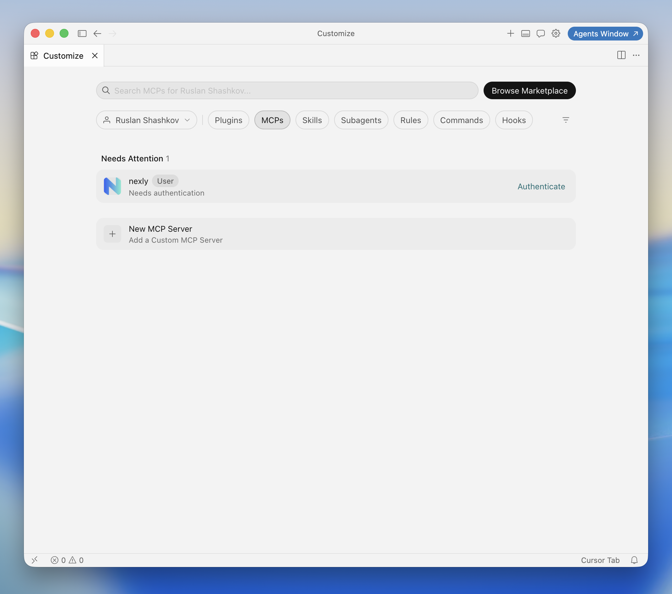 Nexly server waiting for authentication in the Cursor MCP list