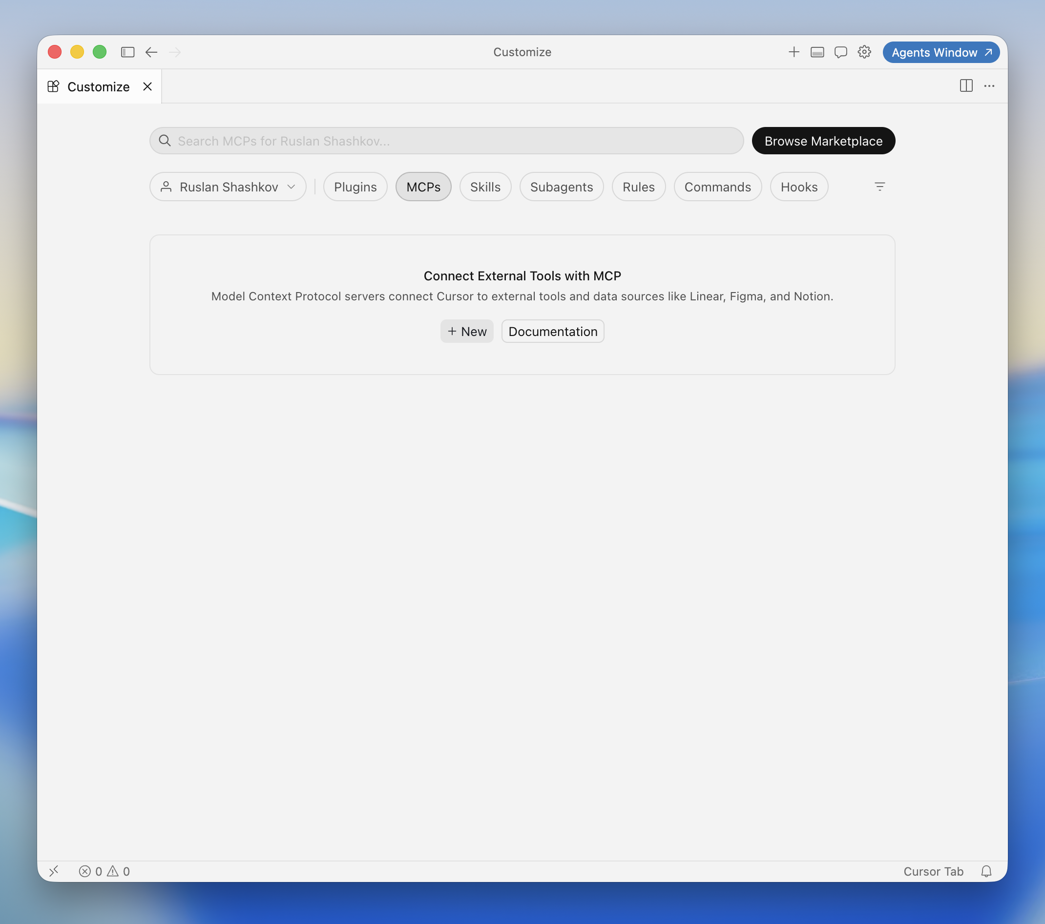 MCPs tab in Cursor with the New MCP Server option
