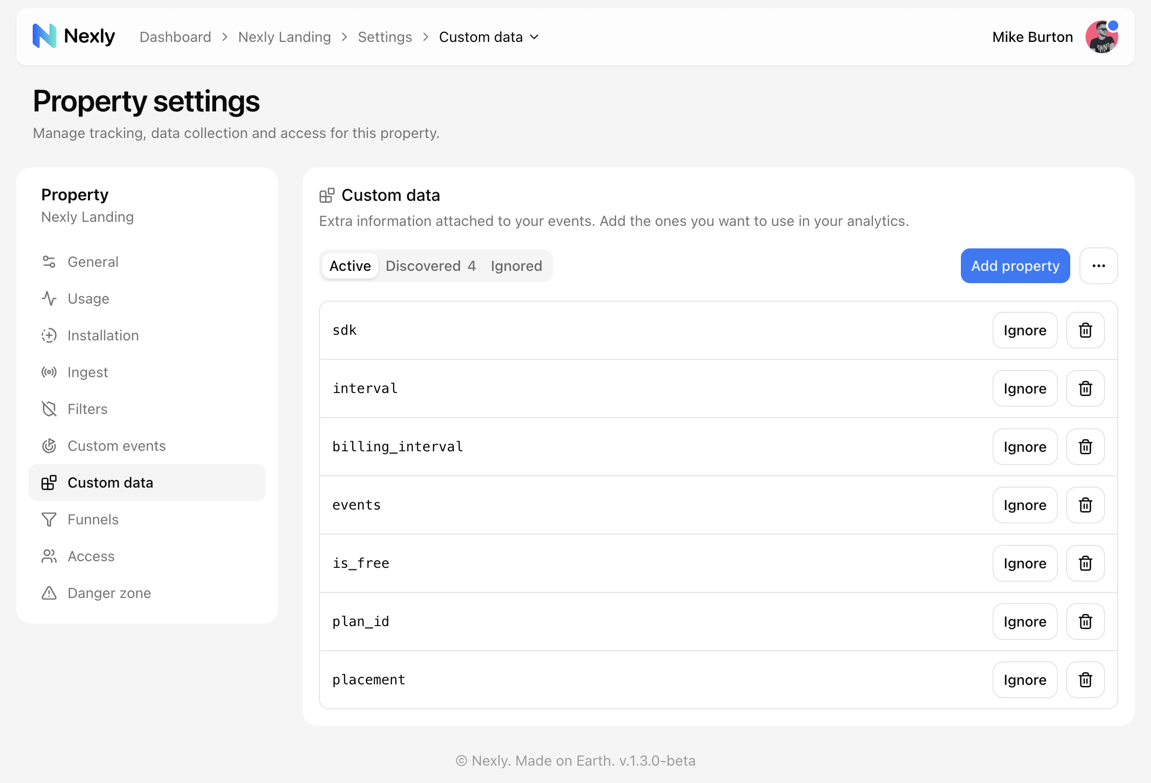 Custom data page, Active tab
