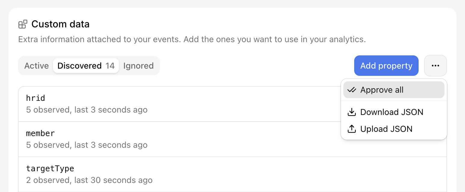 Custom data page, Approve all in the toolbar menu