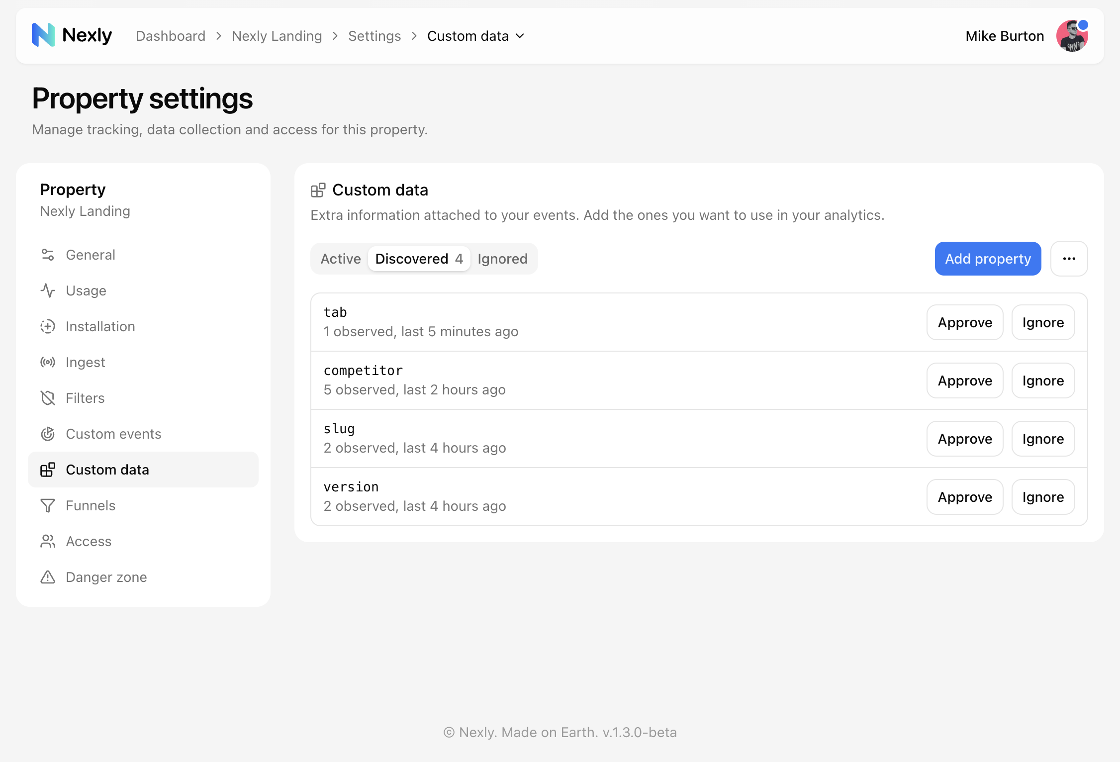 Custom data page, Discovered tab
