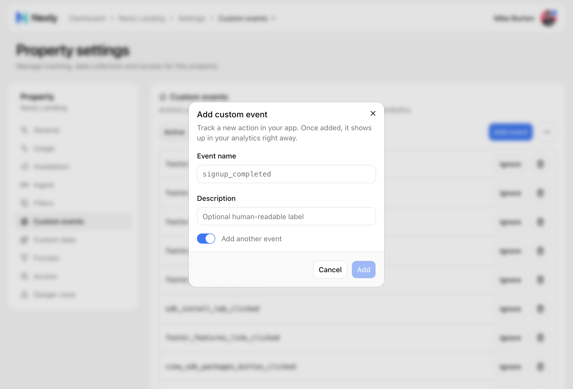 Add custom event dialog