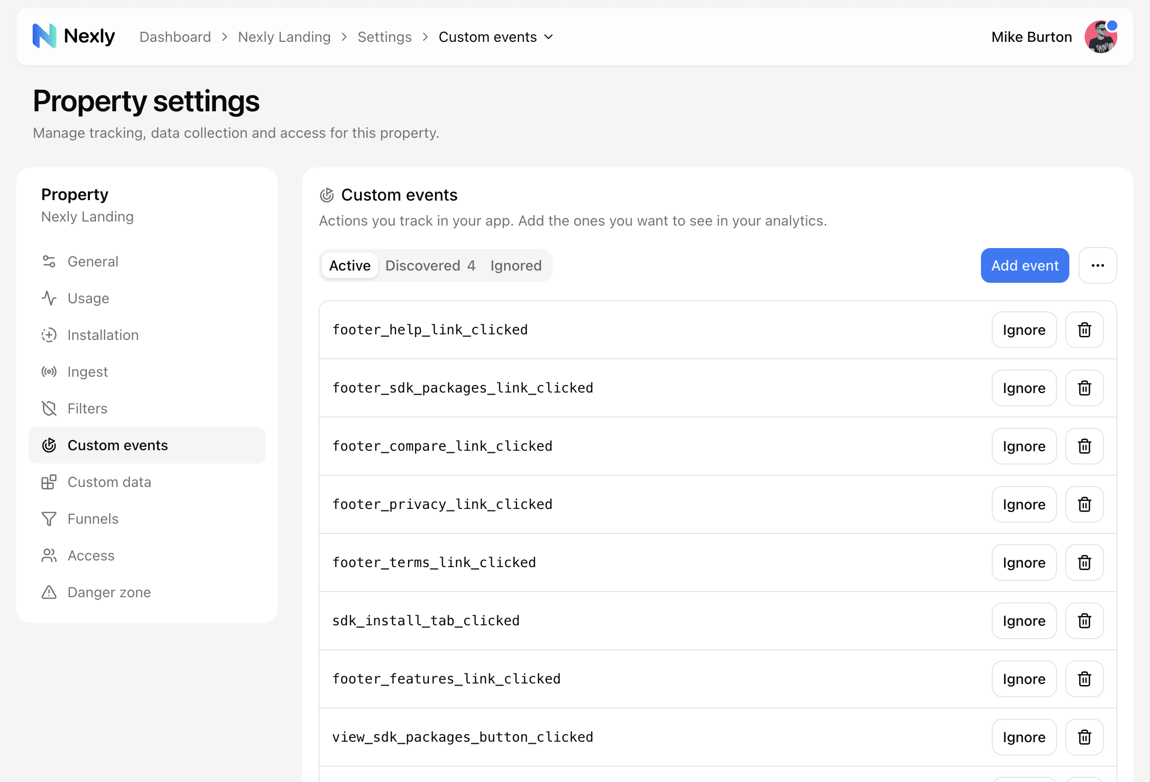 Custom events page, Active tab