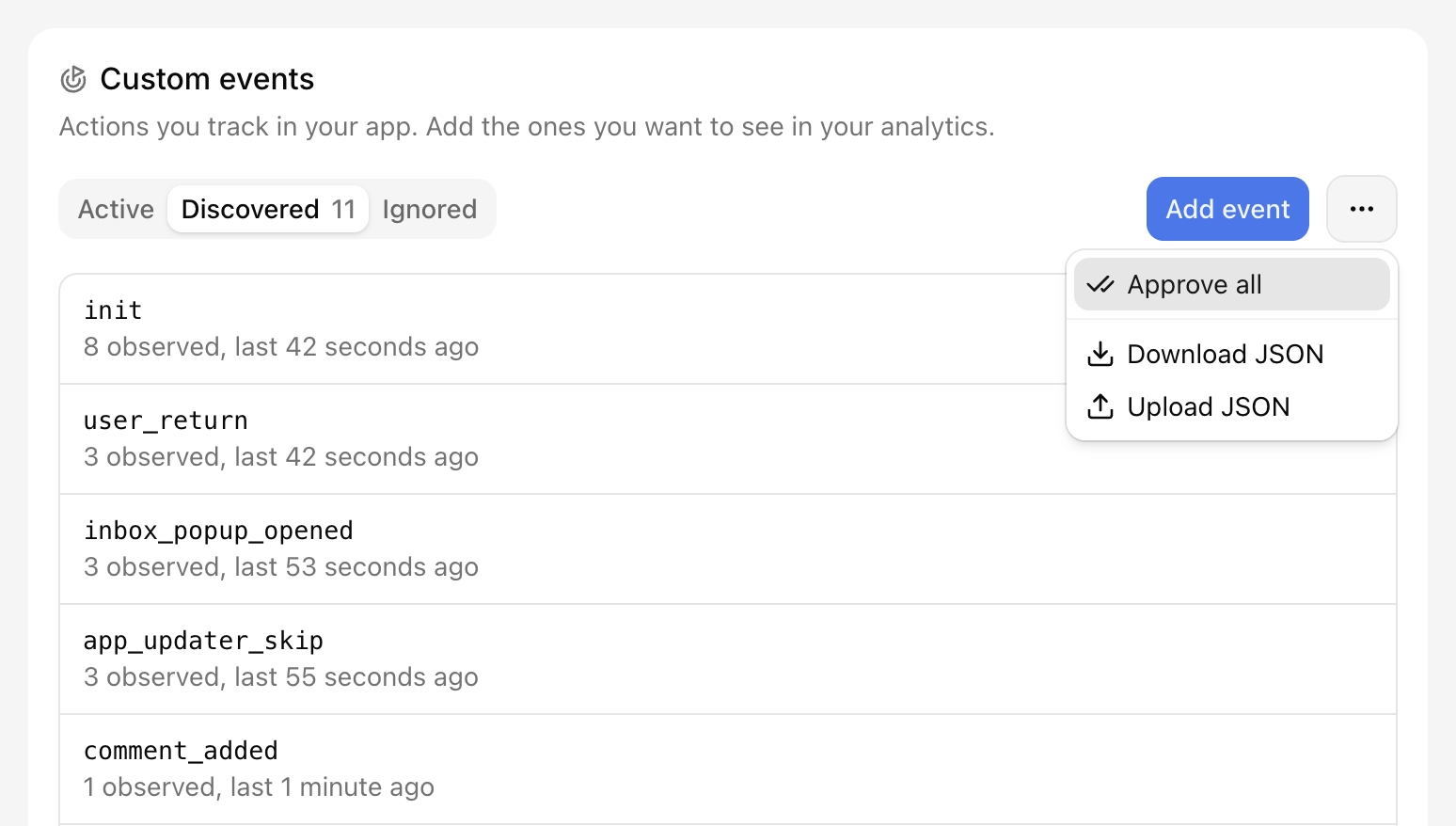 Custom events page, Approve all in the toolbar menu