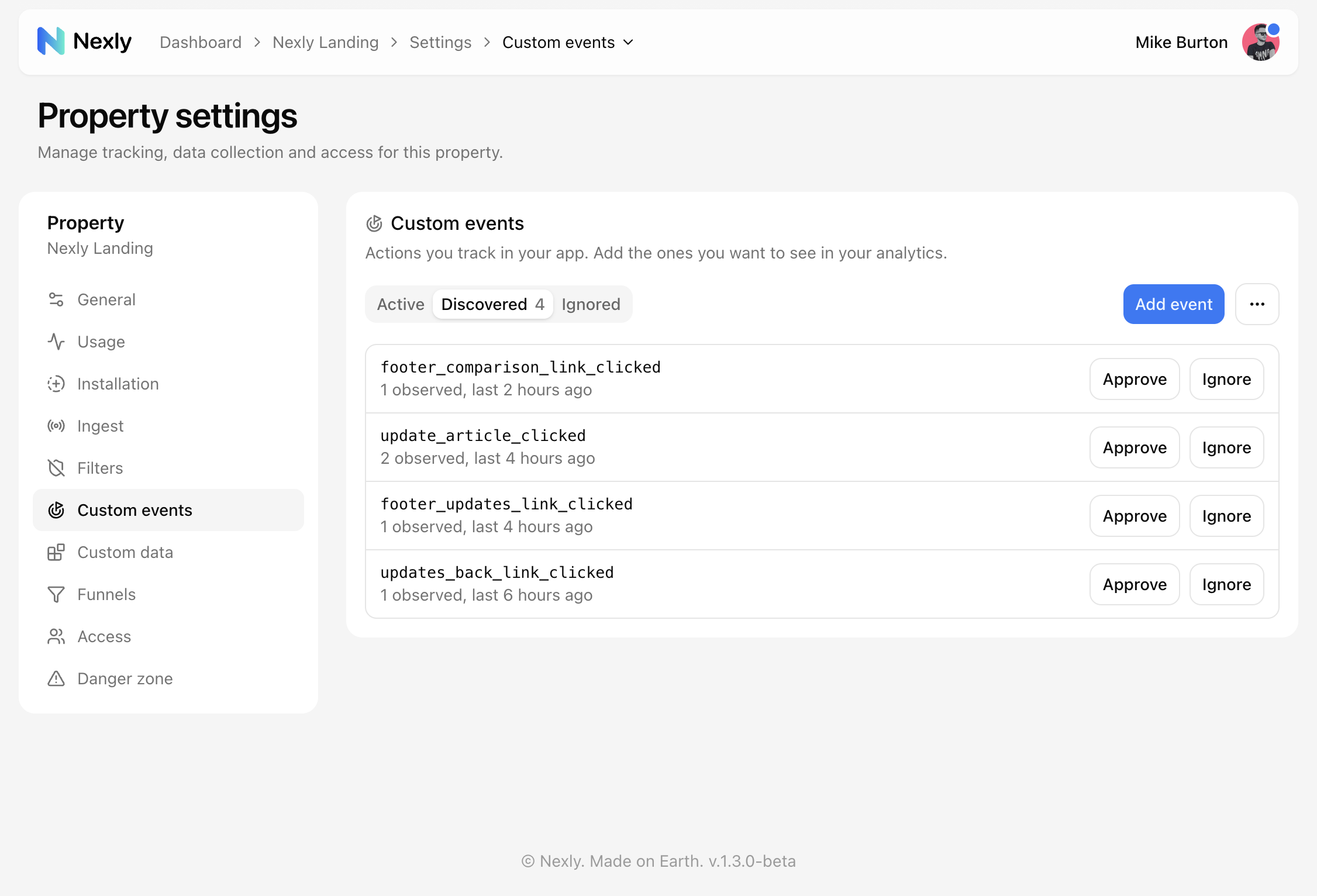 Custom events page, Discovered tab with observation counts