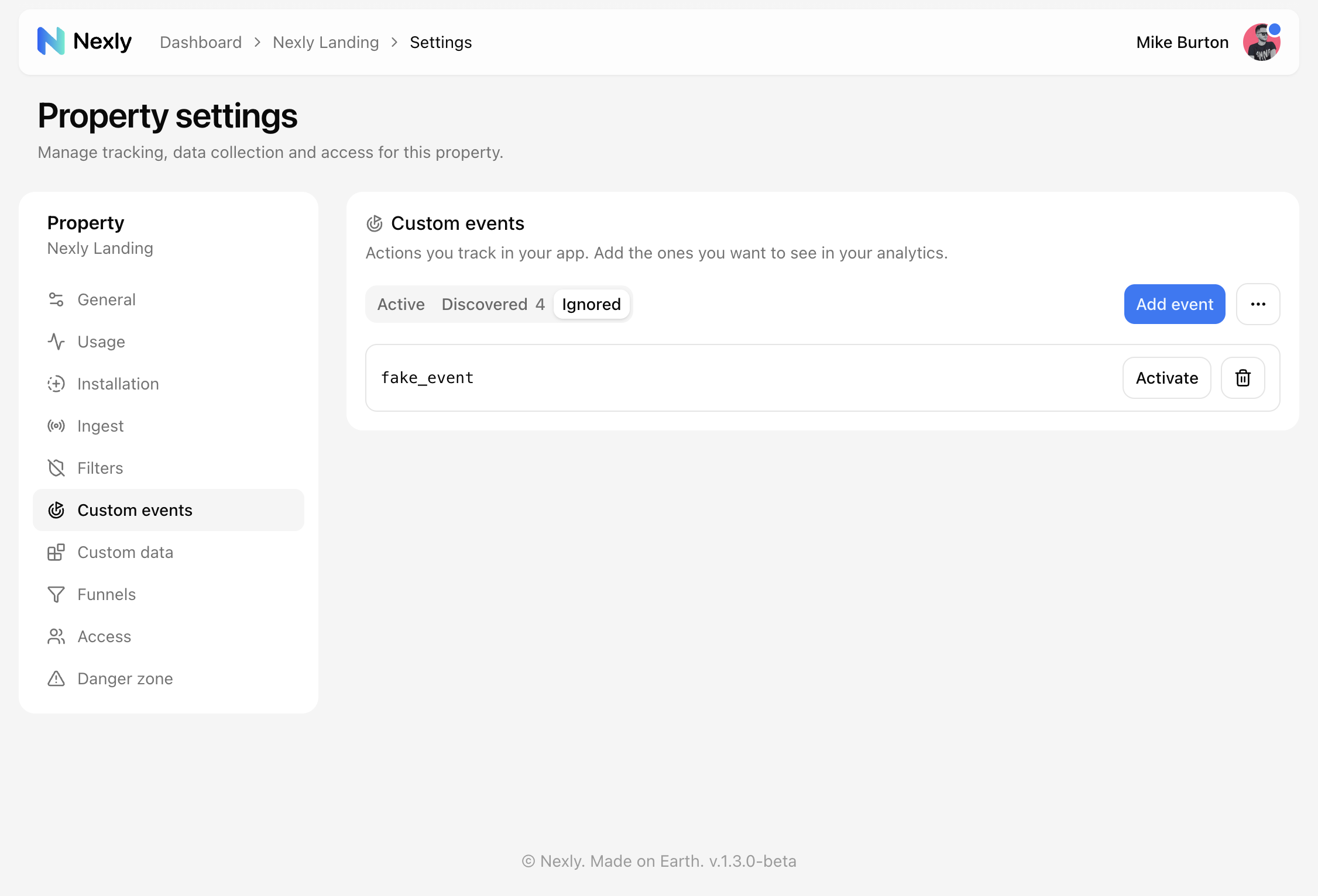 Custom events page, Ignored tab