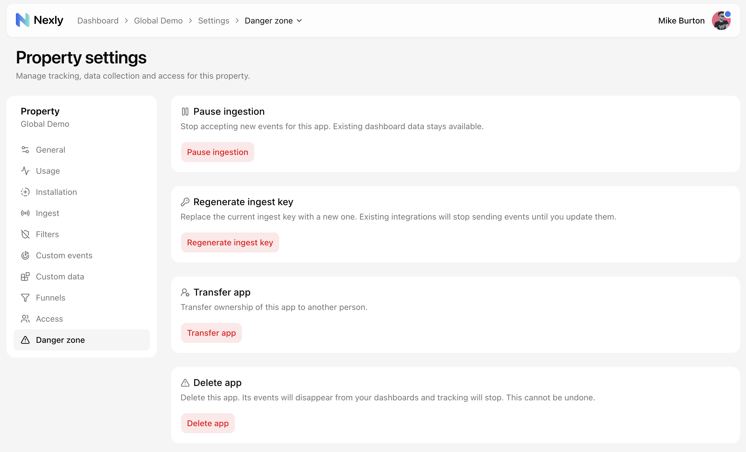 Danger zone settings page
