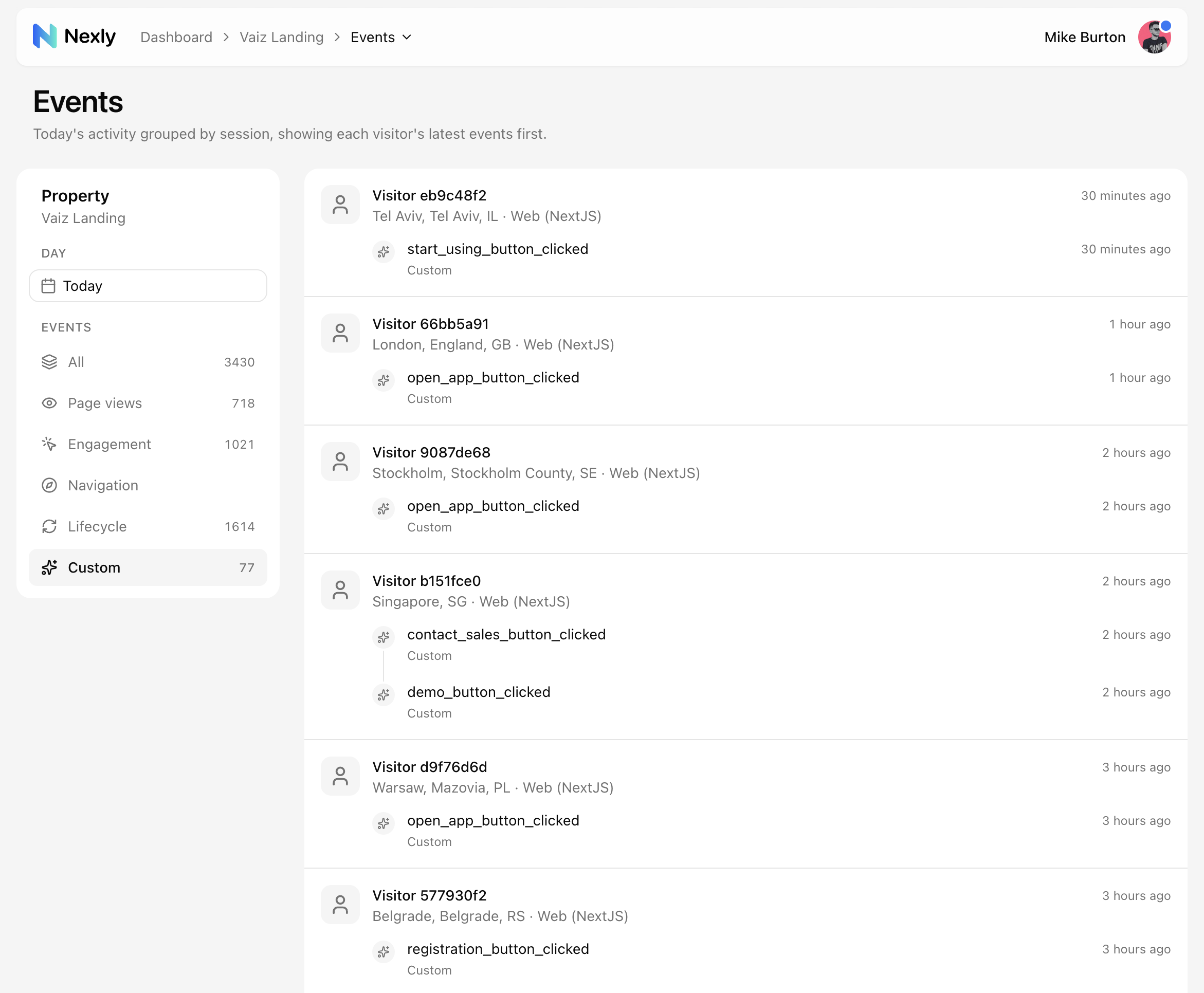 Events feed grouped by session