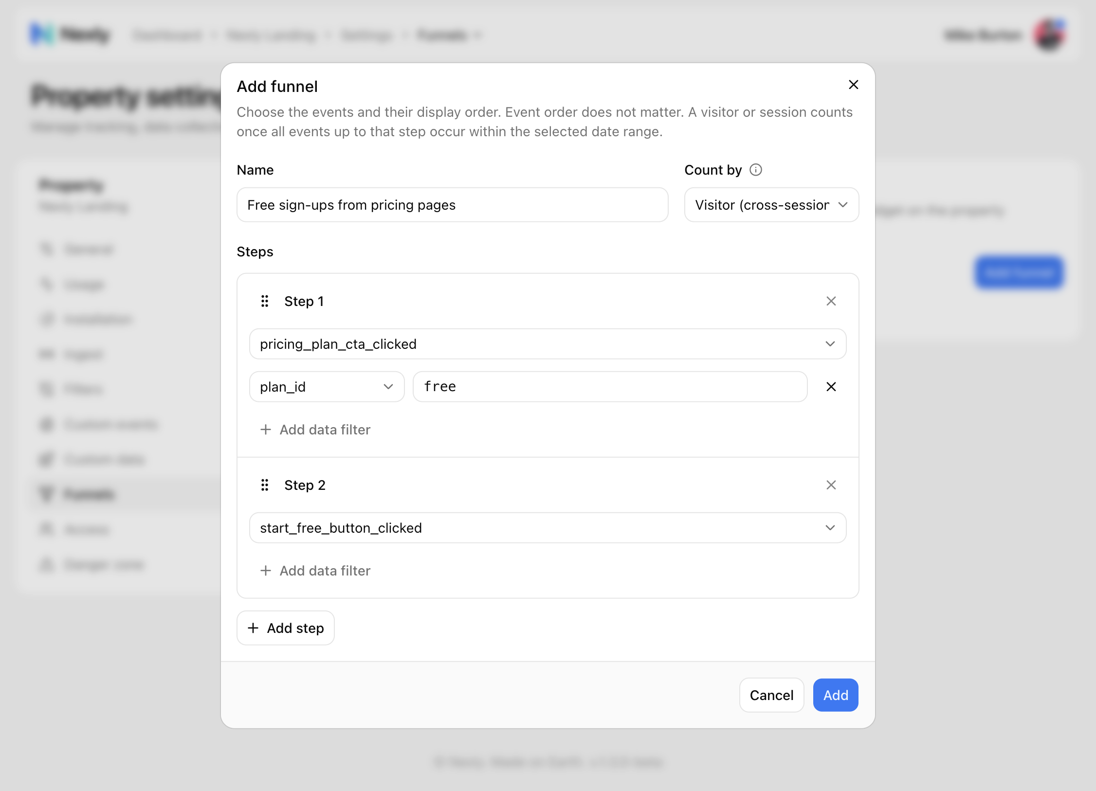 Add funnel dialog with two steps and a data filter