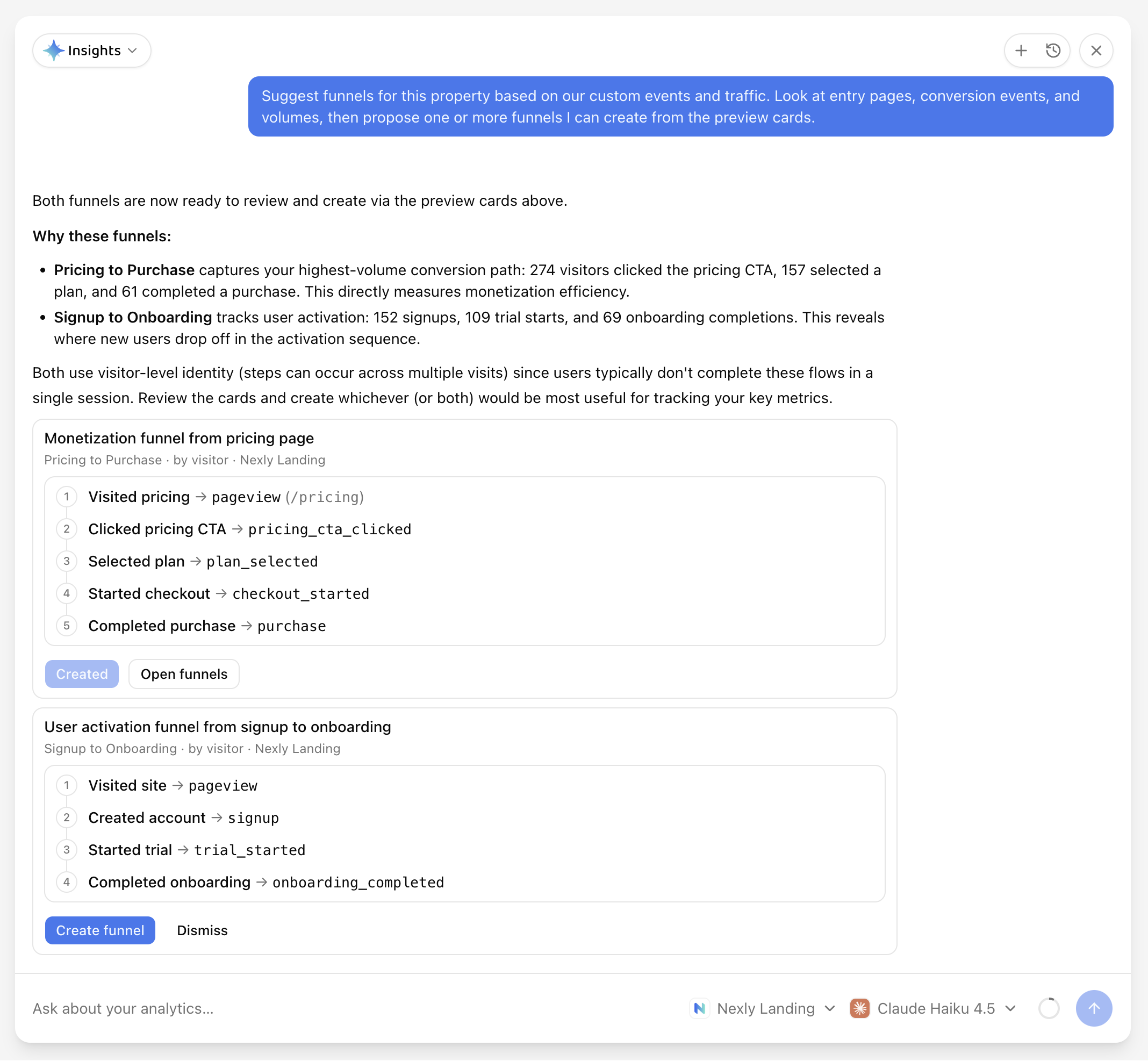 Insights proposing two funnels as preview cards with a create button