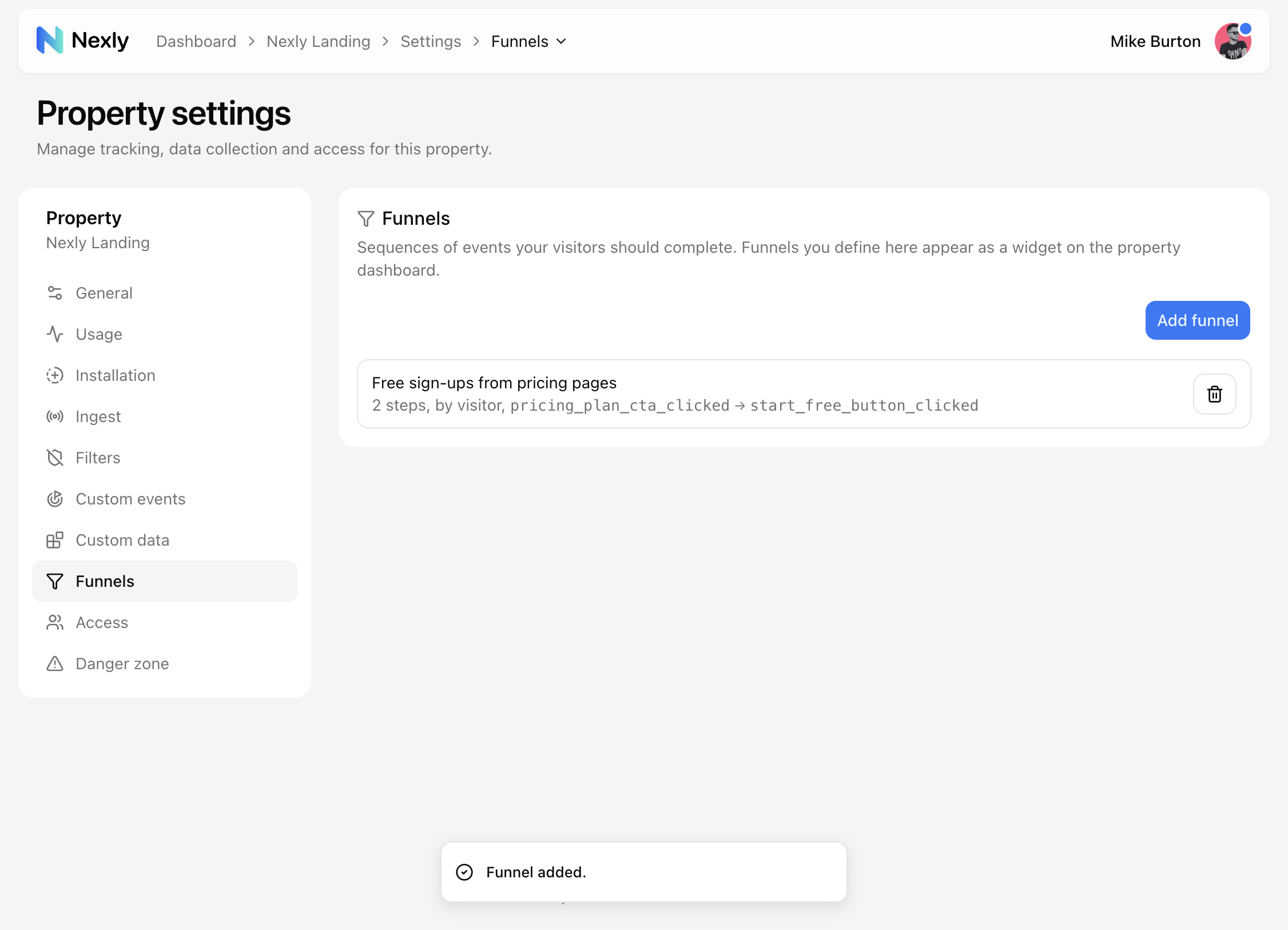 Funnels settings page with a defined funnel