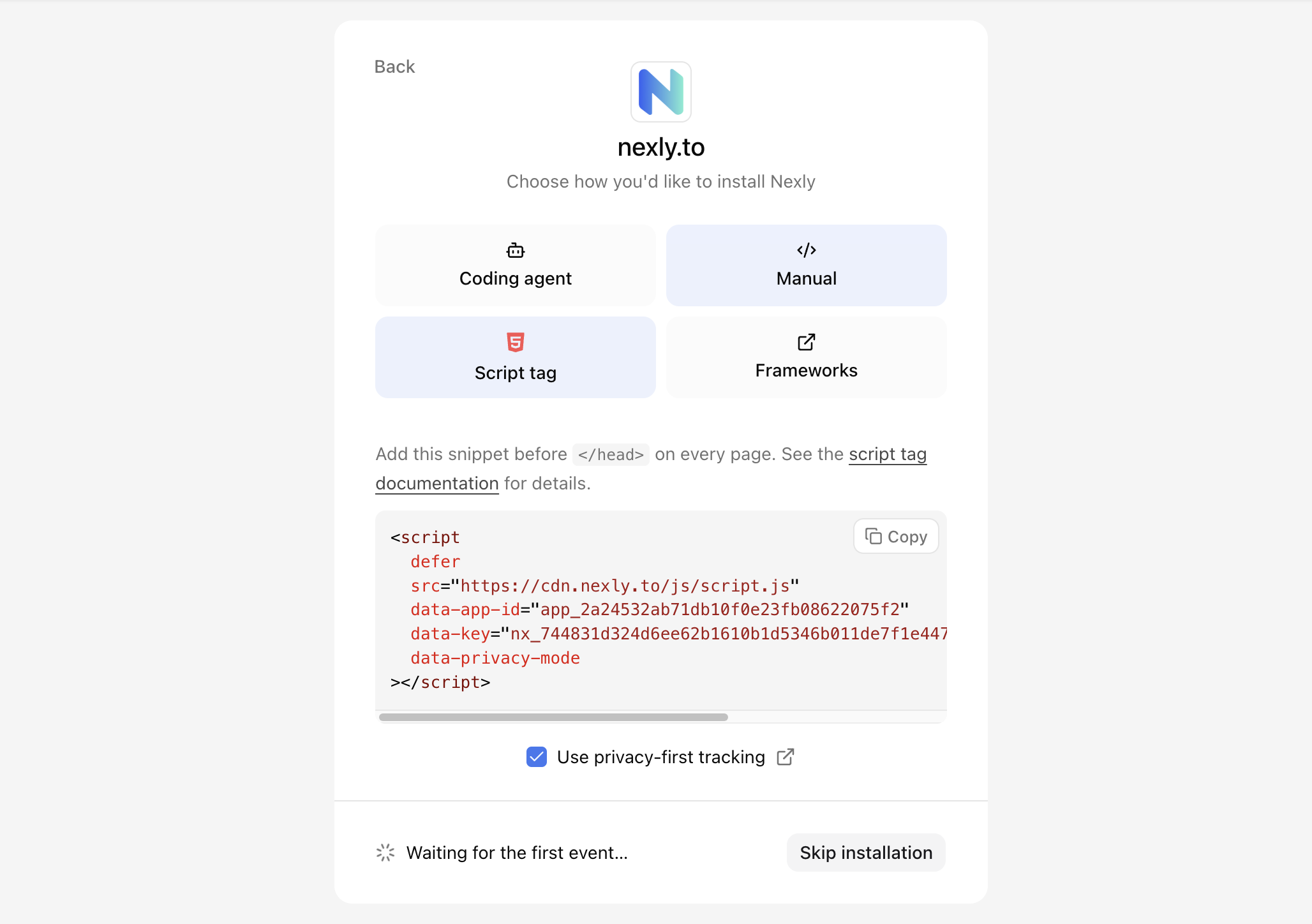 Script tag snippet during setup