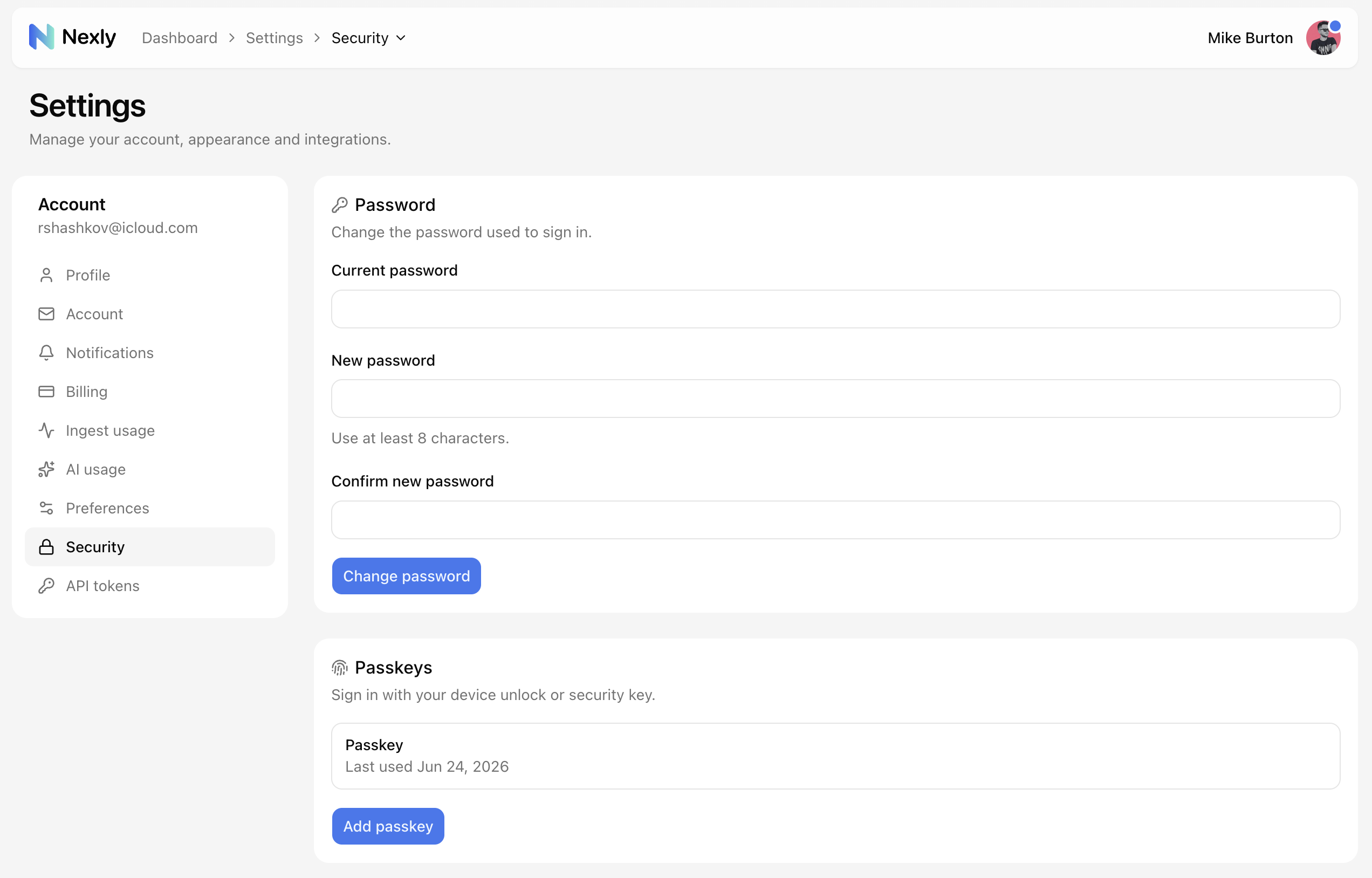 Passkey settings