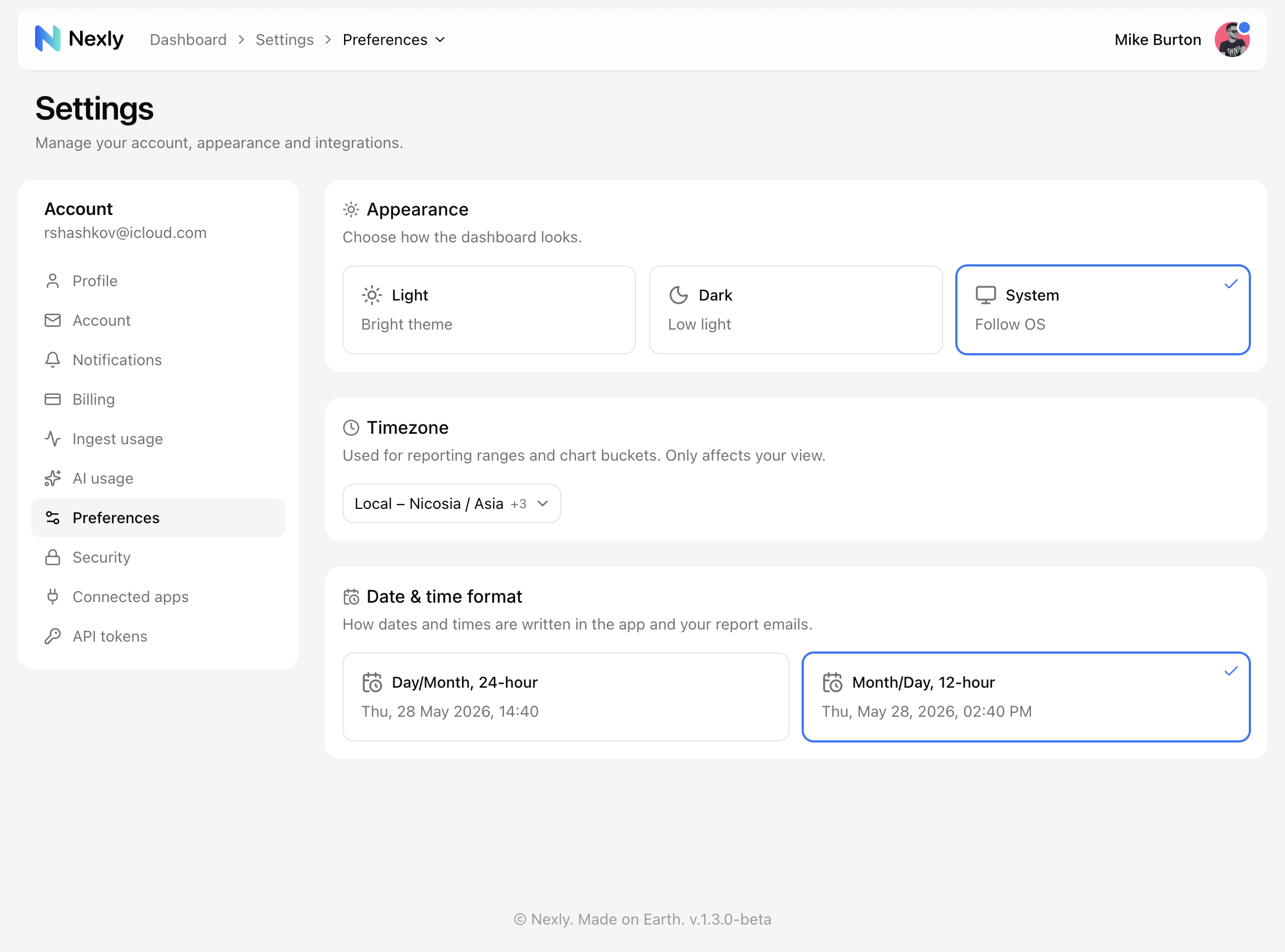 Preferences with appearance, timezone, and date format