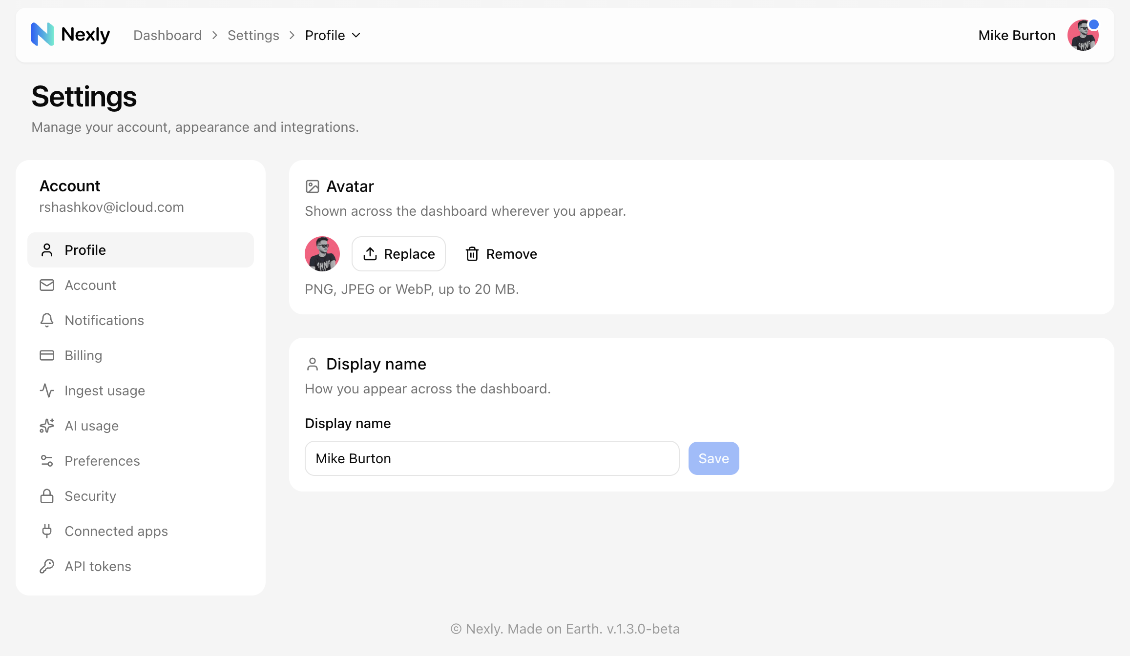 Profile settings with avatar and display name