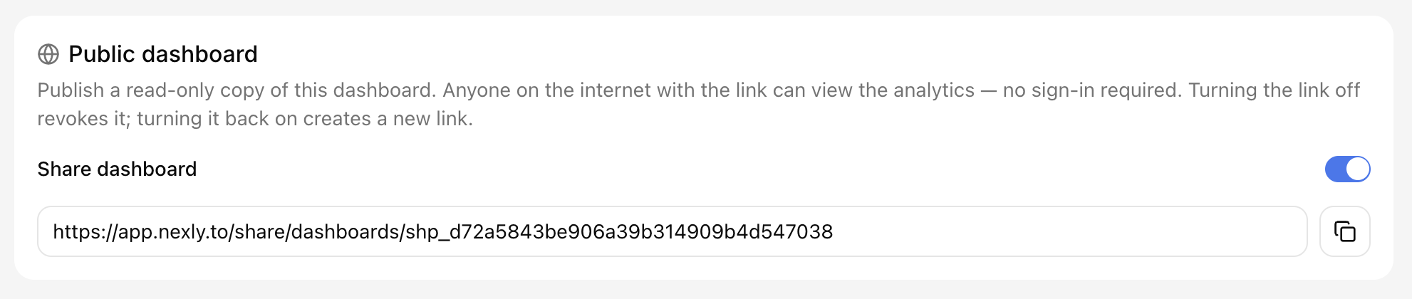 Public dashboard sharing card