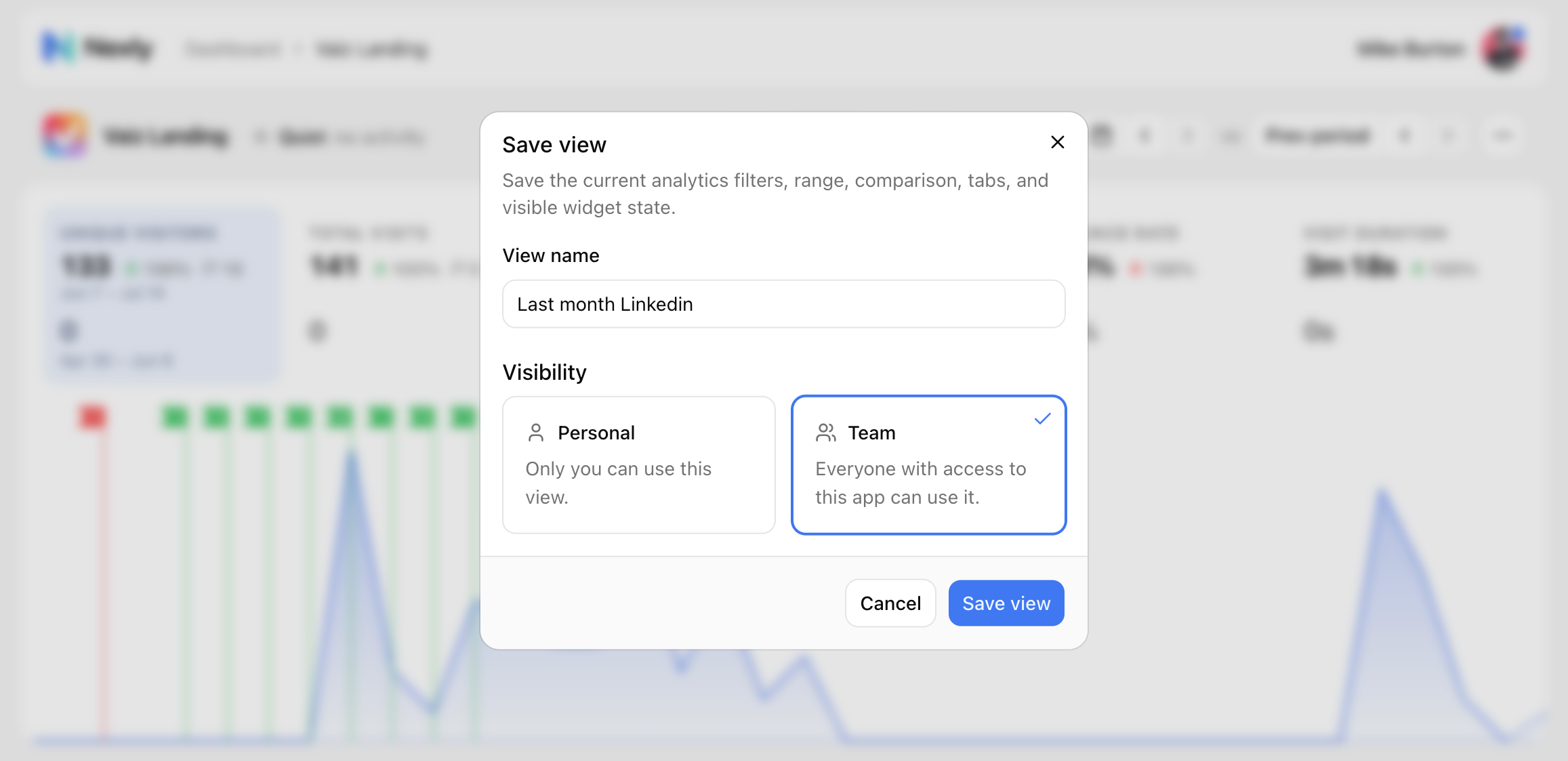 Save view dialog with personal and team visibility