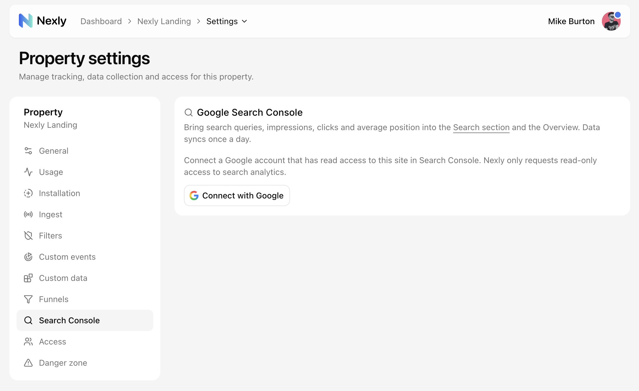 Search Console settings before connecting, with the Connect with Google button