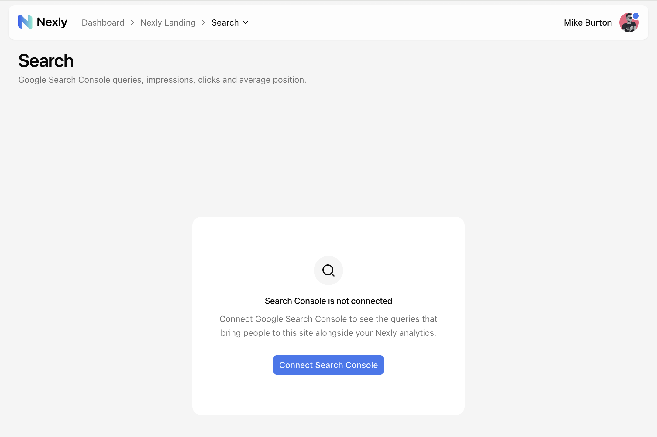 The Search section before connecting, with a Connect Search Console button