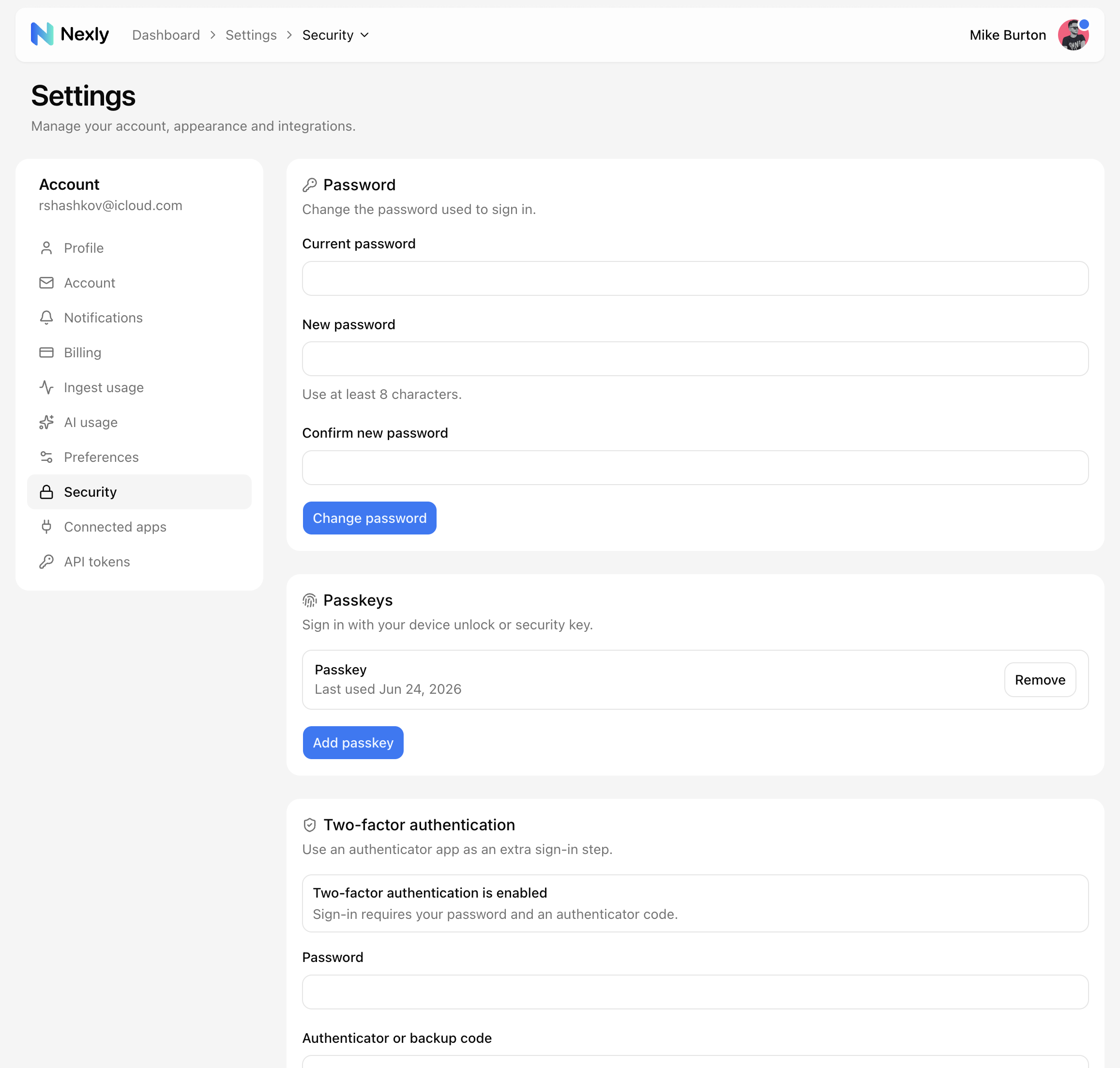 Security settings with password, passkeys, and two-factor authentication